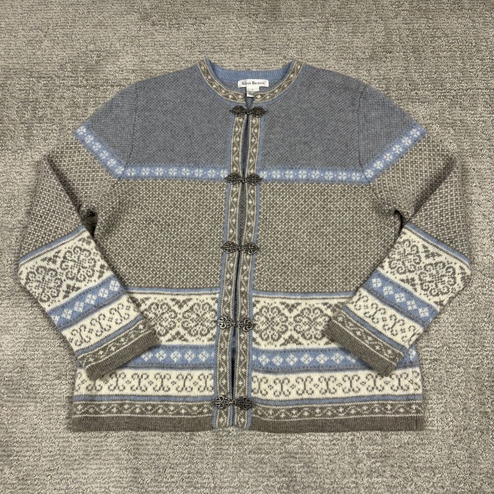 Susan Bristol Wool Cardigan Sweater Womens Large Fair Isle Nordic Pewter Clasp